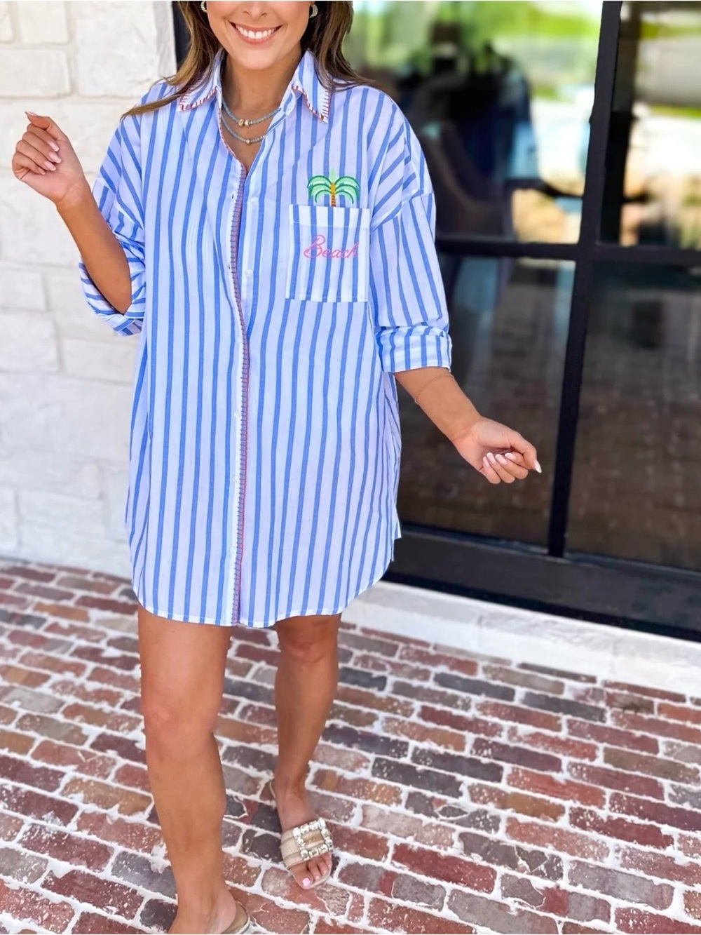 Shiraleah Blue & White Striped beach Shirt Dress with Embroidery large